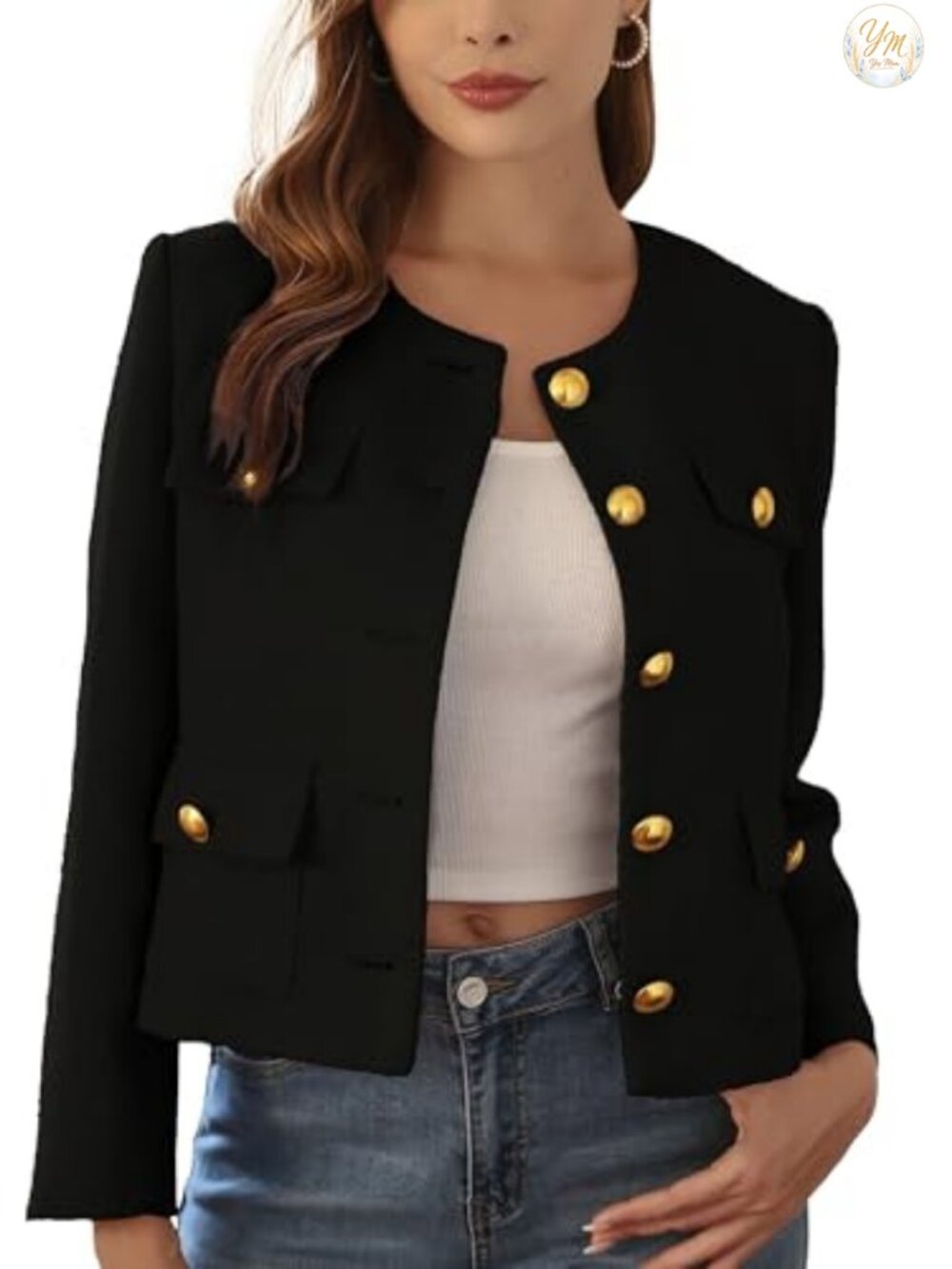 Cropped Tweed Blazer for Women - Fully Lined Polyester, Gold-Tone Buttons